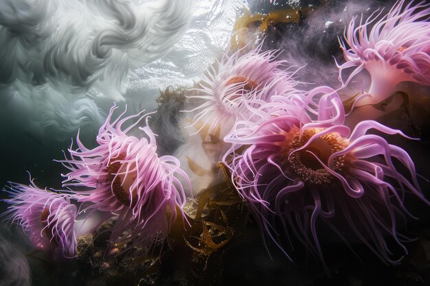 Photo sea anemones with waving tentacles in gentle current anemones waving their tentacles in the gentle currents