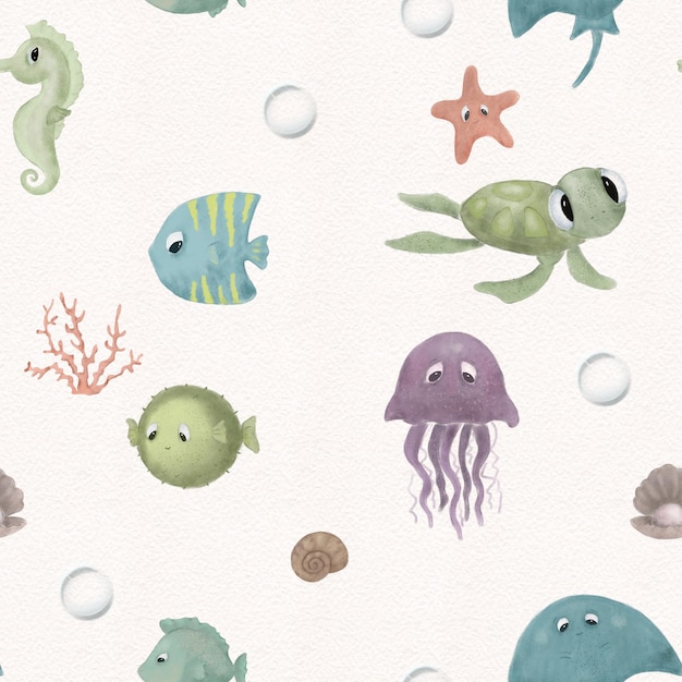 Sea animal patterns. Fish and wild marine animals  on background. Inhabitants of the sea world, funn