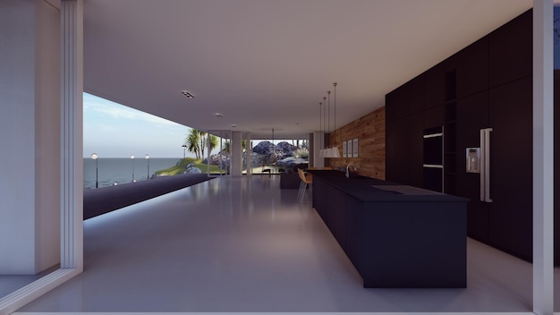 sea background and interior of luxury modern house view from kitchen 3d illustration