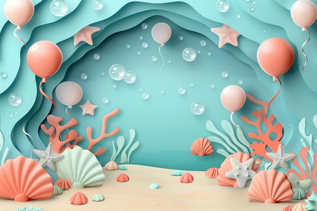 under the sea background with an arched shimmering balloon garland with sea shells and sea stars and