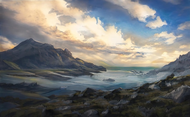 Sea Bay fantasy mountain landscape. A big blue lake in the middle of the mountains. Fabulous nature, amazing seascape. Illustration