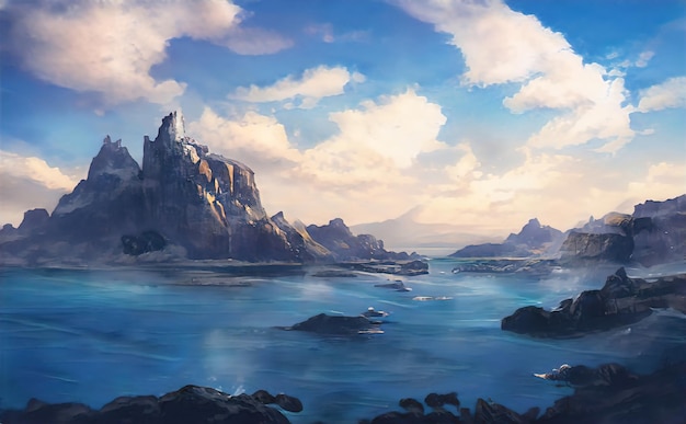 Sea Bay fantasy mountain landscape. A big blue lake in the middle of the mountains. Fabulous nature, amazing seascape. Illustration