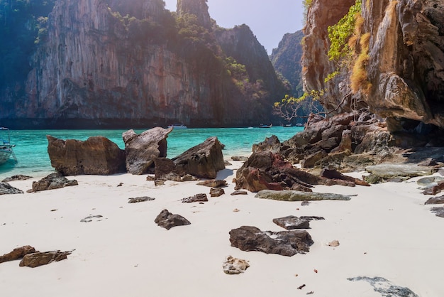 Photo sea beach atmosphere on phi phi island, krabi province, very clear water, beautiful sea, white sandy beach, little tourists between covid-19 there are many taxi boats parked. without tourists,