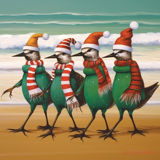 Sea beach birds wearing christmas hats pictures AI Generated art