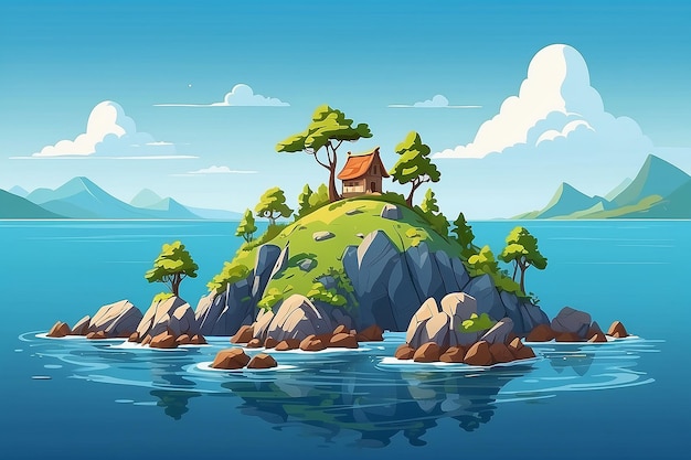 Photo sea beach and small island in water with rocks in morning vector cartoon landscape of ocean or lake