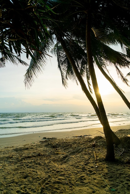 Sea beach with coconut palm tree at sunset time