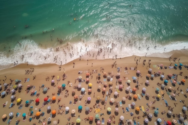 Sea beach with colorful umbrellas and relaxing people top view Generative AI