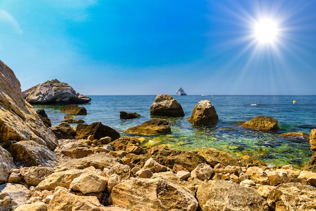 Sea beach with stones and rocks Beausoleil Nice Nizza AlpesMaritimes ProvenceAlpesCote d'Azur Cote d'Azur French Riviera France