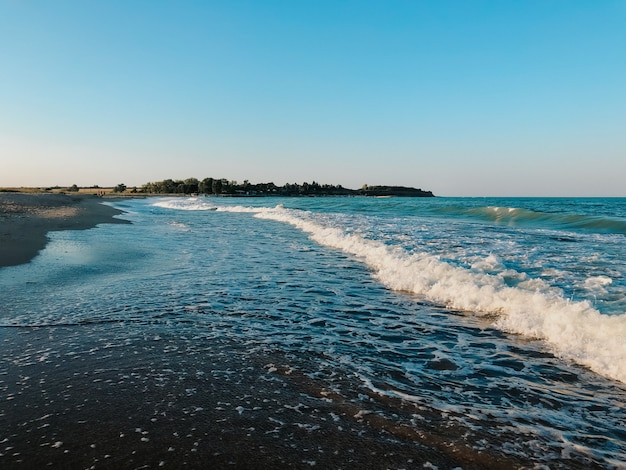 sea blue aquamarine waves line sunny sand beach summer background black sea waves marine beach