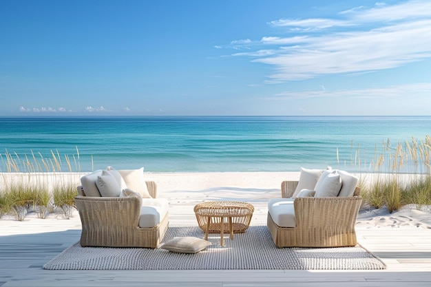 A sea breeze view with a luxurious sofa lobby blue sky