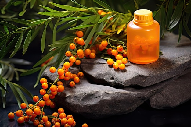 Sea buckthorn branch with berries and leaves on pedestal natural cosmetic essential oil