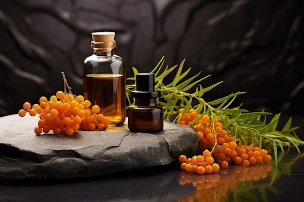 Sea buckthorn branch with berries and leaves on podium natural cosmetic