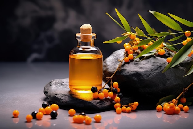 Sea buckthorn branch with berries and leaves on stone podium natural beauty product