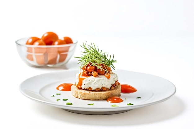 Photo sea buckthorn dessert with white cream and green sprouts on a white plate