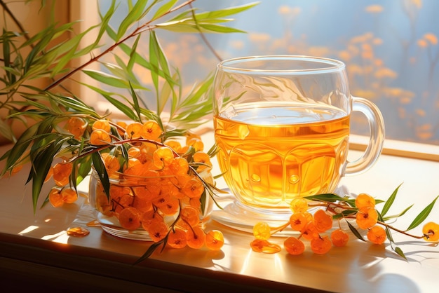 Sea buckthorn tea in a glass cups with fresh sea buckthorn berries Herbal vitamin tea