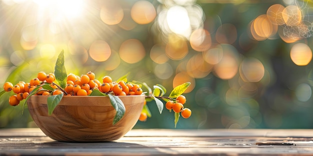 Sea buckthorn with leaves in a wooden bowl on a wooden table blurred bokeh garden background warm sun rays copy space