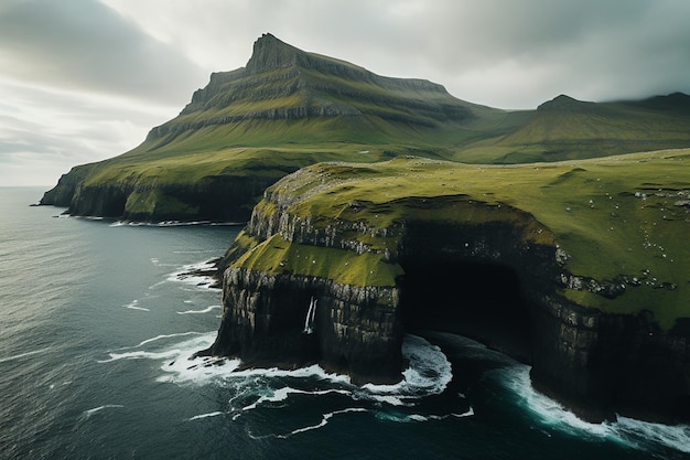 A sea cave with a green landscape and a sea cave in the background.