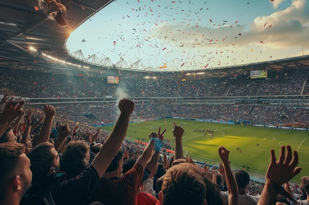 A sea of cheering fans raise their arms in celebration showered in confetti after a football match Capturing the passion and energy of a football stadium atmosphere