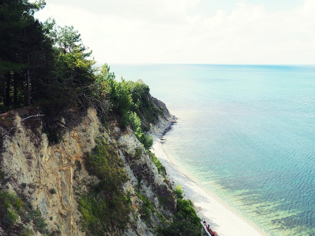 Sea cliff high angle view of cliff by sea during sunny day