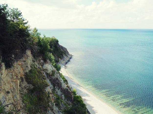 Sea cliff high angle view of cliff by sea during sunny day