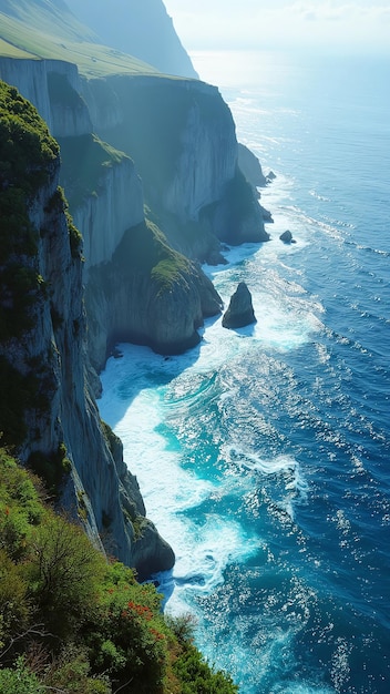 Photo sea and cliff at sunset realistic coastal scene with lush vegetation and shimmering ocean waves