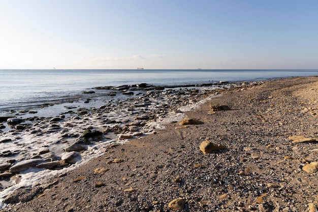 Sea coast in winter with ships on the horizon.