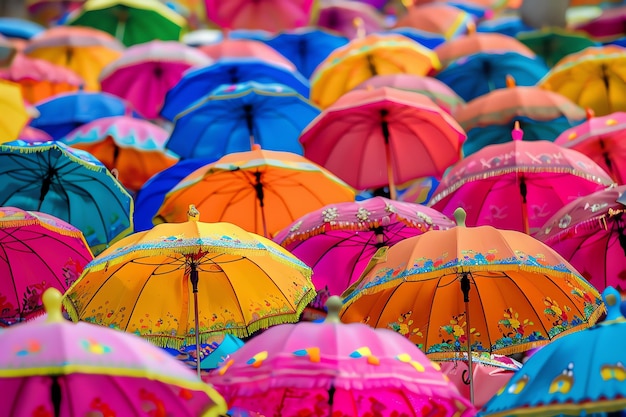 A sea of colorful umbrellas shading the crowd background