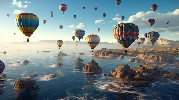 Sea of Colors Hot Air Balloons Against Dramatic Ocean Scenery