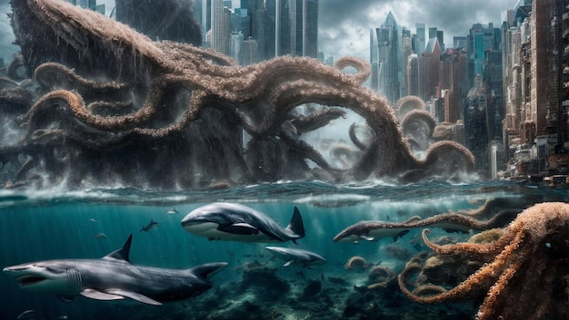 sea creatures in flooded city