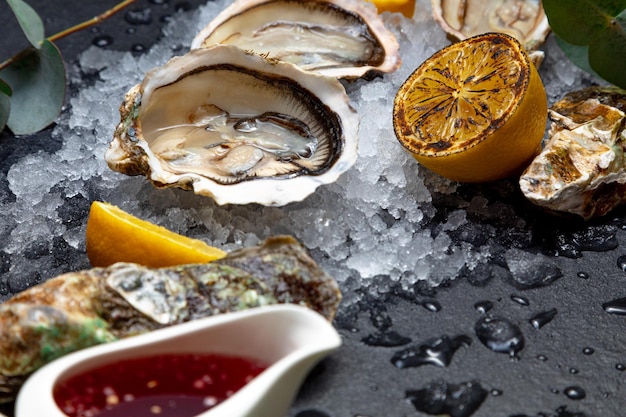 Sea delicacy fresh open oysters laid out on ice on a dark background the background is decorated with eucalyptus branches lemon closed oysters and sauce