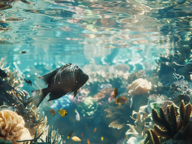 Photo sea fish is swimming through an ocean filled with plastic waste highlighting the impact of human