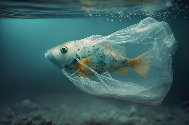 Sea fish swimming with plastic bag