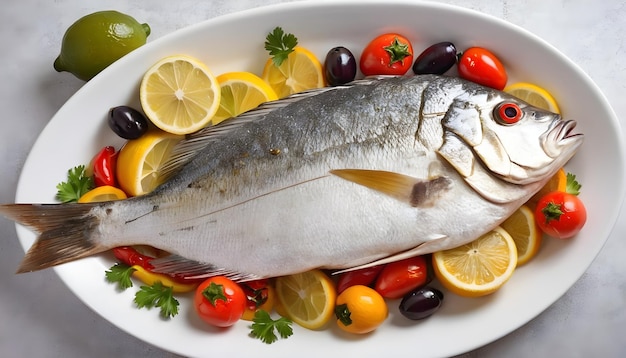 Sea gilthead bream fish on the plate baked with potatoes rosemary lemon