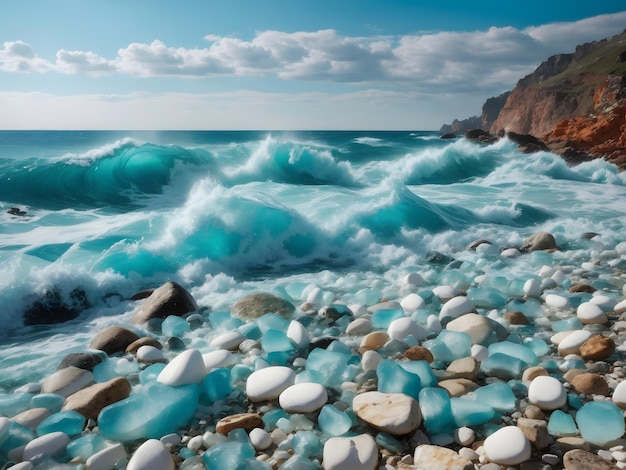 Sea glass stones arranged in a balance pyramid on the beach Beautiful azure color sea with blurred