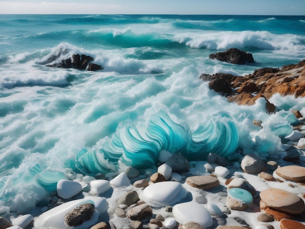 Sea glass stones arranged in a balance pyramid on the beach Beautiful azure color sea with blurred