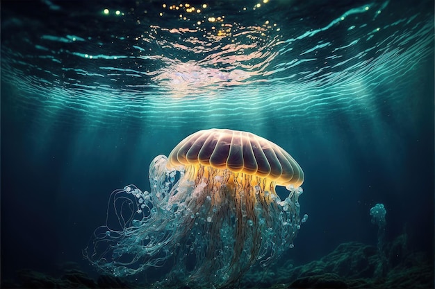 Sea jellyfish on the wave of the ocean Beautiful light colorful jellyfish neon