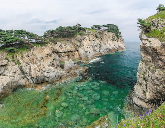 Sea lagoon with turquoise water among rocks