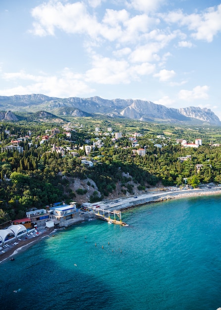 Sea landscape. View from a rock Diva at city beach, Simeiz, Crimea.