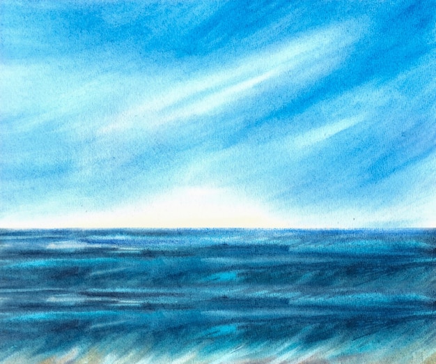 Sea landscape watercolor hand drawn background with ocean waves blue sky and white clouds nautical