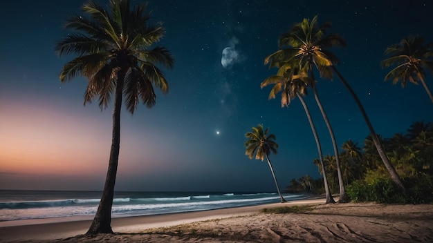 Sea landscape with the moon and palm trees