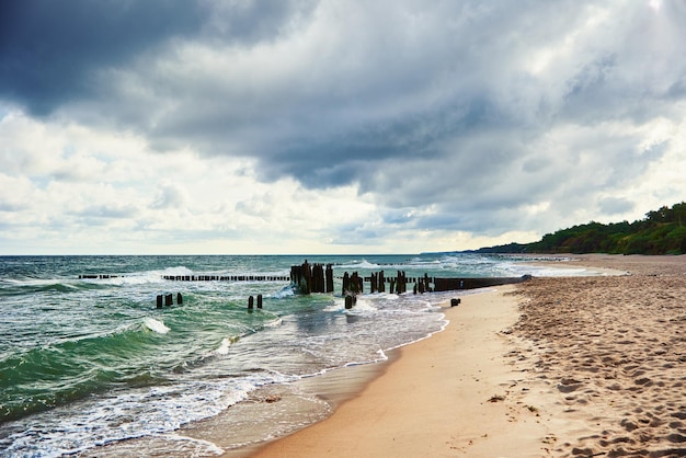 Sea landscape with waves and sand beach