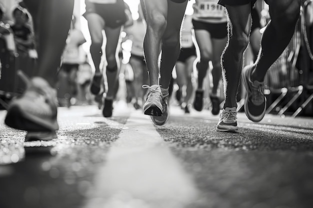 A sea of legs and sneakers rush towards the finish line capturing the energy and intensity of a race