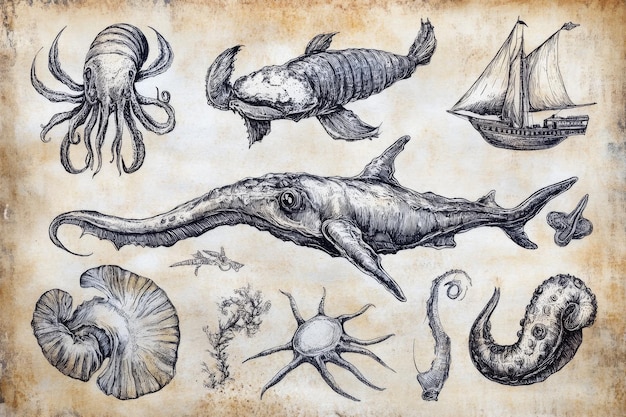 Photo sea life illustration on antique paper