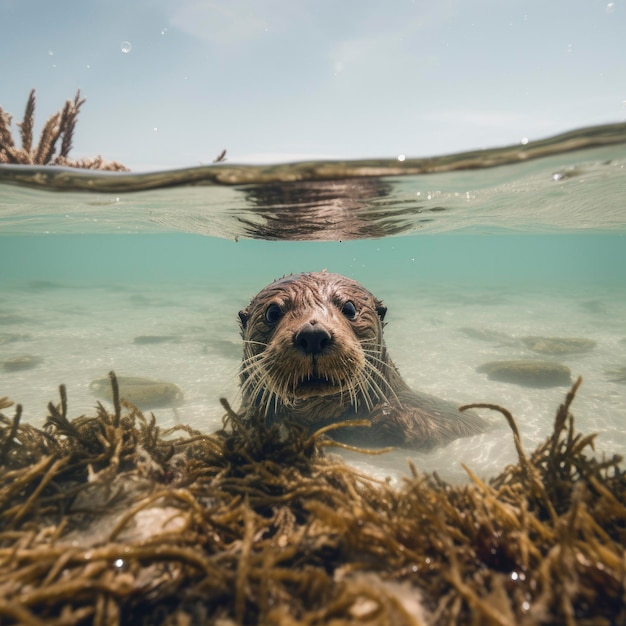 A sea lion swimming under water with the sun shining on the water