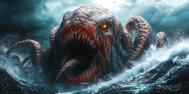 Photo sea monster illustration a massive tentacled creature emerges from the depths