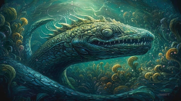 A sea monster with a green head and a green body.