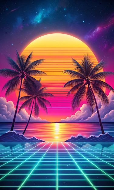 Photo sea ocean modern backgrounds for screen of your devices synth wave retro wave vaporwave futuristic aesthetics stylish flyer for ad offer bright colors