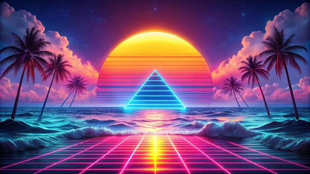 Photo sea ocean modern backgrounds for screen of your devices synth wave retro wave vaporwave futuristic aesthetics stylish flyer for ad offer bright colors