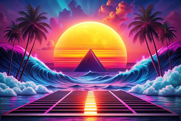 Sea ocean Modern backgrounds for screen of your devices Synth wave retro wave vaporwave futuristic aesthetics Stylish flyer for ad offer bright colors