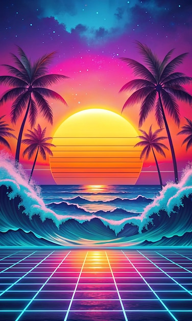 Sea ocean Modern backgrounds for screen of your devices Synth wave retro wave vaporwave futuristic aesthetics Stylish flyer for ad offer bright colors